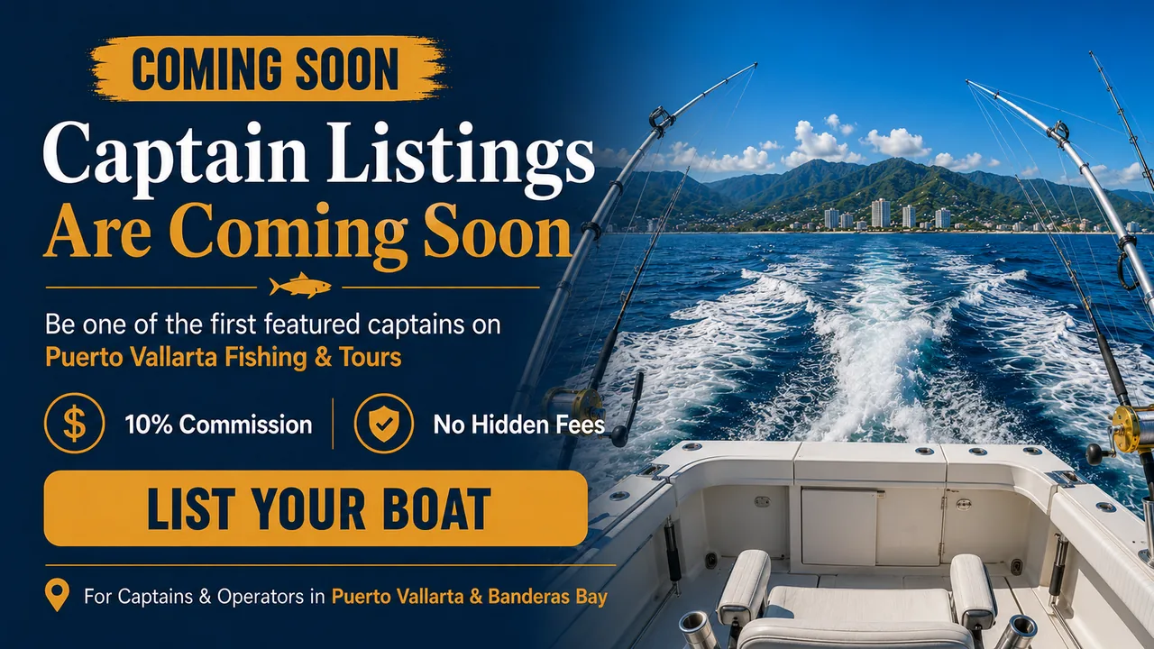 Captain listings coming soon on Puerto Vallarta Fishing & Tours — a trolling spread off the transom of a sportfisher running the Puerto Vallarta coastline. 10% commission, no hidden fees.