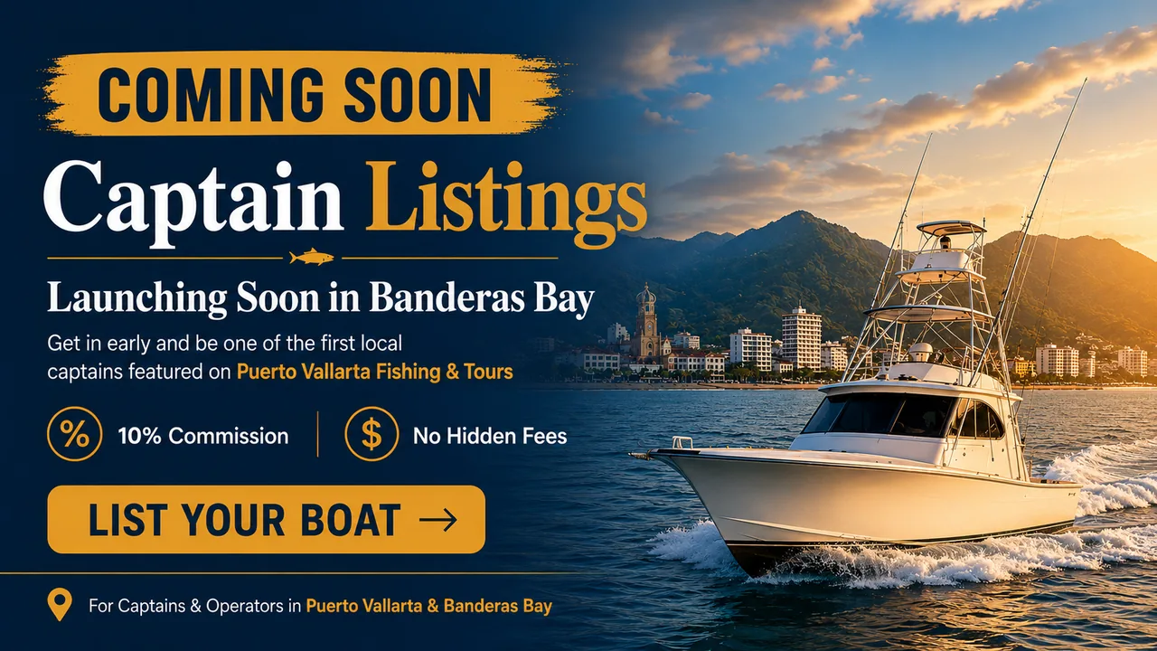 Captain listings launching soon in Banderas Bay — a sportfishing boat running at sunset past Puerto Vallarta. 10% commission, no hidden fees.