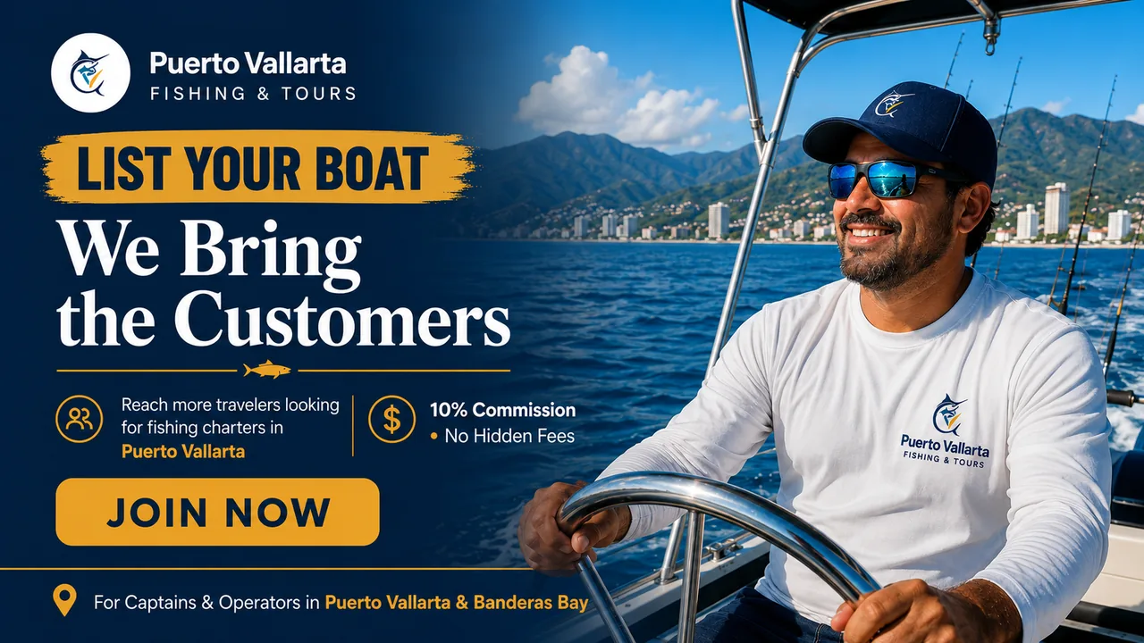 List your boat with Puerto Vallarta Fishing & Tours — we bring the customers. Reach more travellers looking for fishing charters in Puerto Vallarta, 10% commission, no hidden fees. For captains and operators in Puerto Vallarta and Banderas Bay.