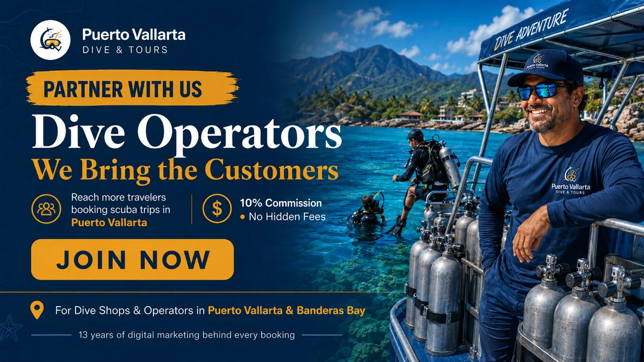 Partner with us — dive operators. We bring the customers. Reach more travellers booking scuba trips in Puerto Vallarta, 10% commission, no hidden fees. For dive shops and operators in Puerto Vallarta and Banderas Bay.